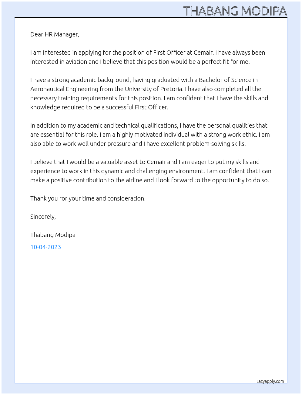 first officer At Cemair Cover Letter