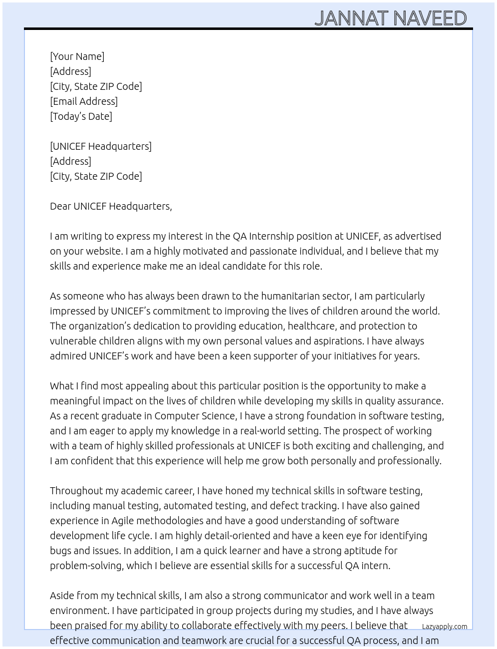 QA INTERNSHIP At UNICEF Cover Letter