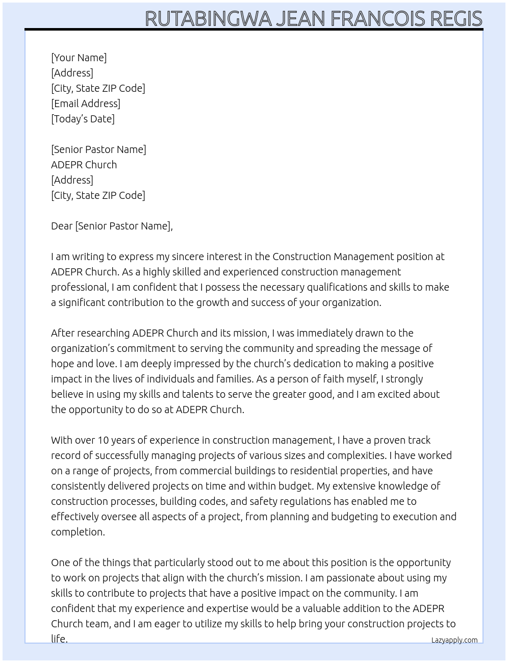 construction management At ADEPR Church Cover Letter