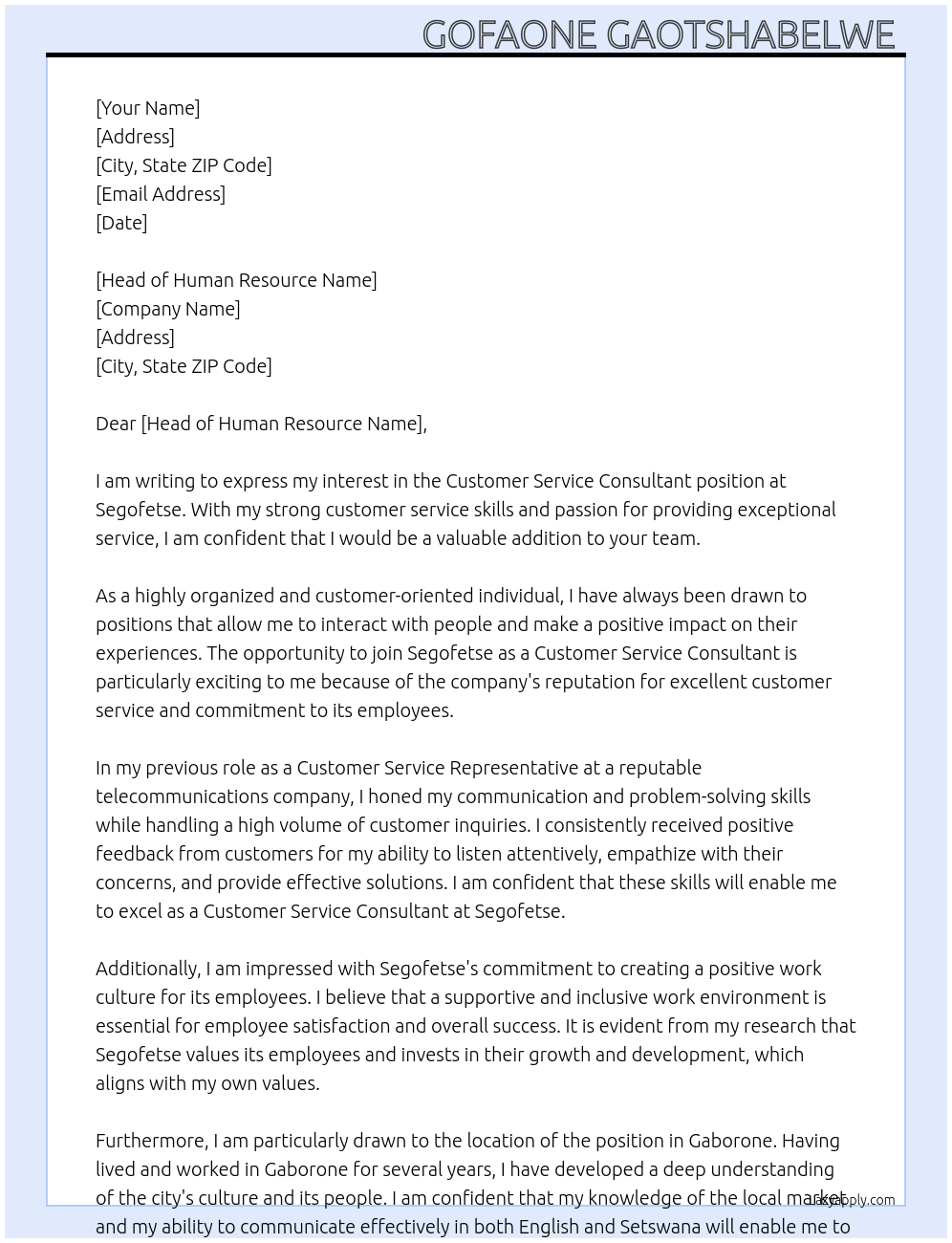 Customer Service Consultant  At Segofetse Cover Letter
