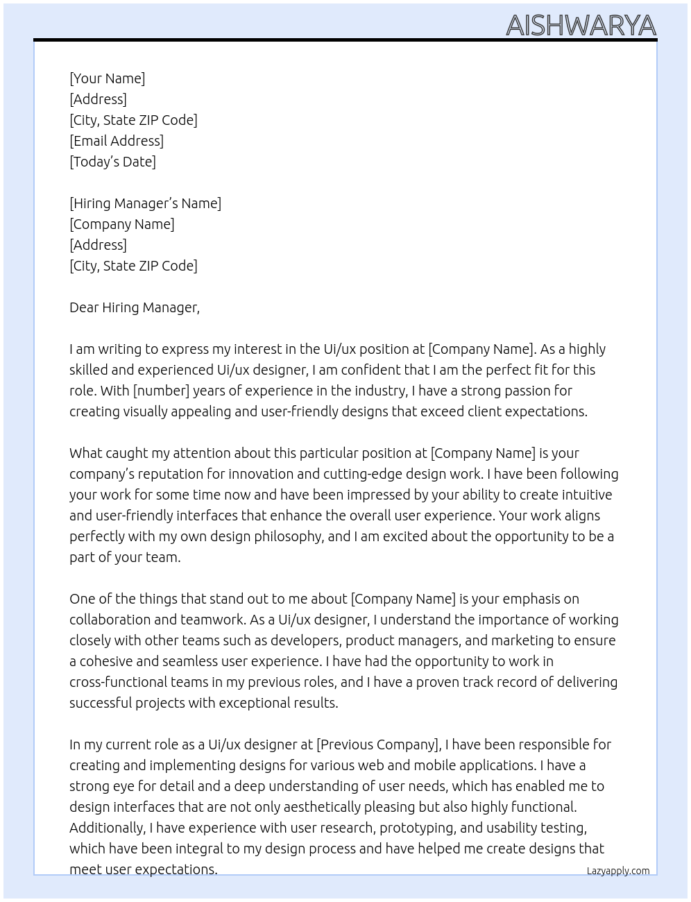 Ui/ux At No I'm send application letter to personal email Cover Letter