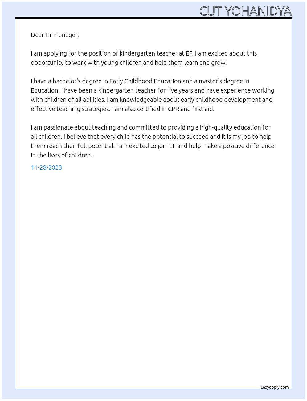 Kindergarten teacher At EF Cover Letter