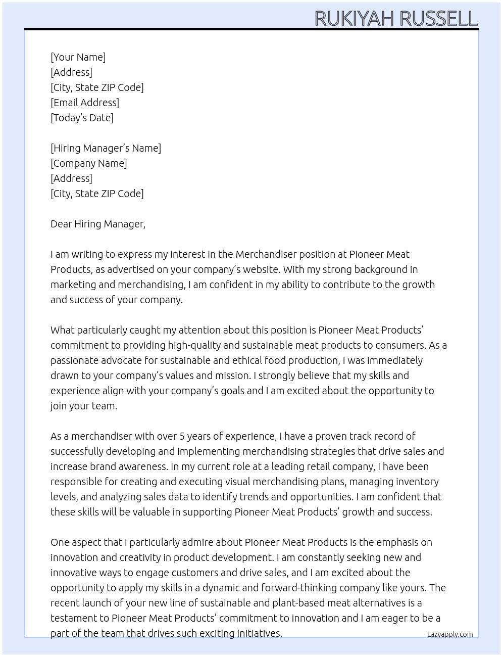 Merchandiser At Pioneer Meat Products Cover Letter