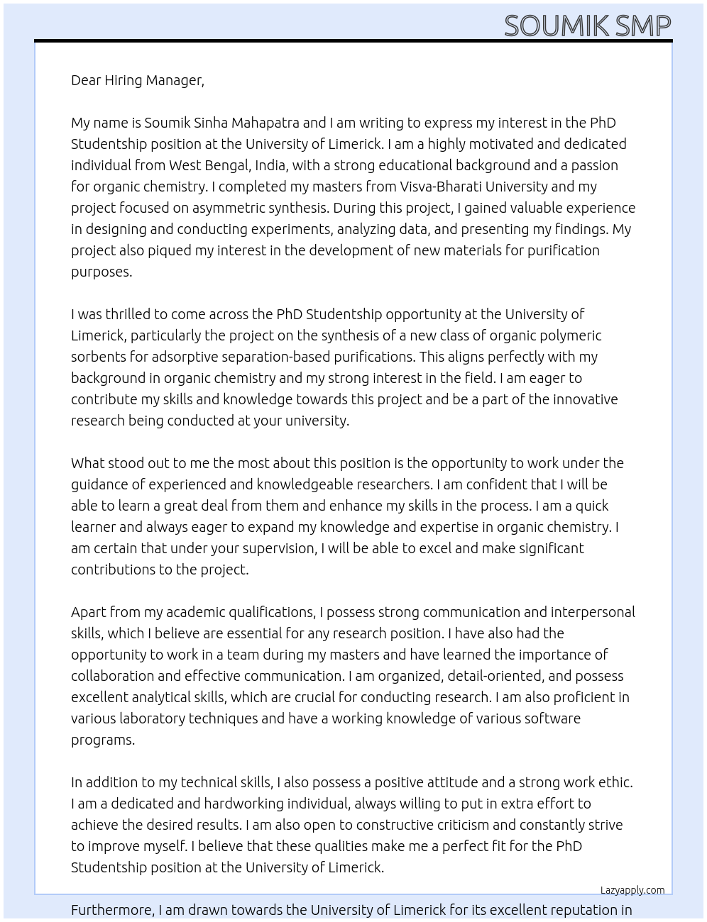 PhD Studentship At University of Limerick Cover Letter