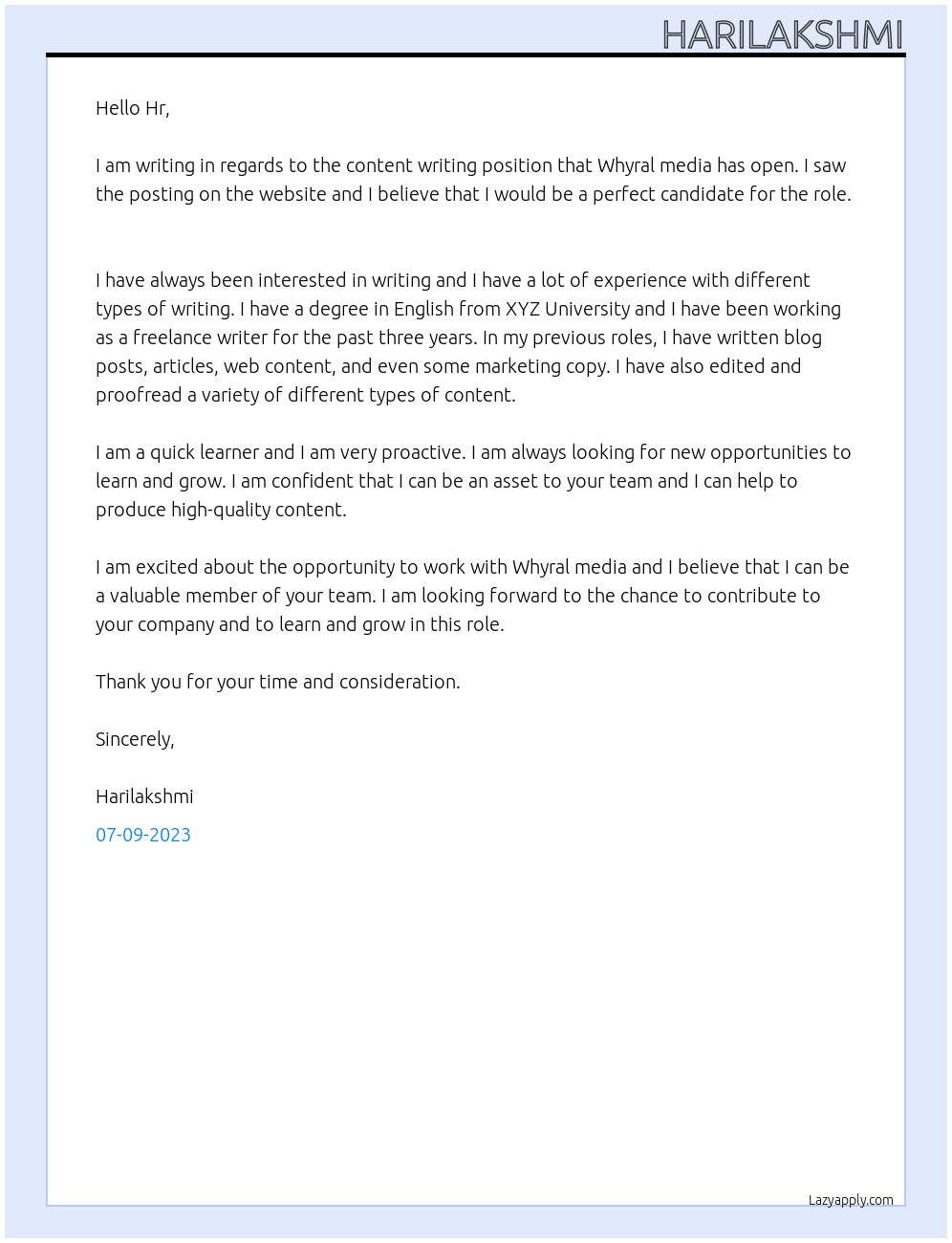 Content writing At Whyral media Cover Letter