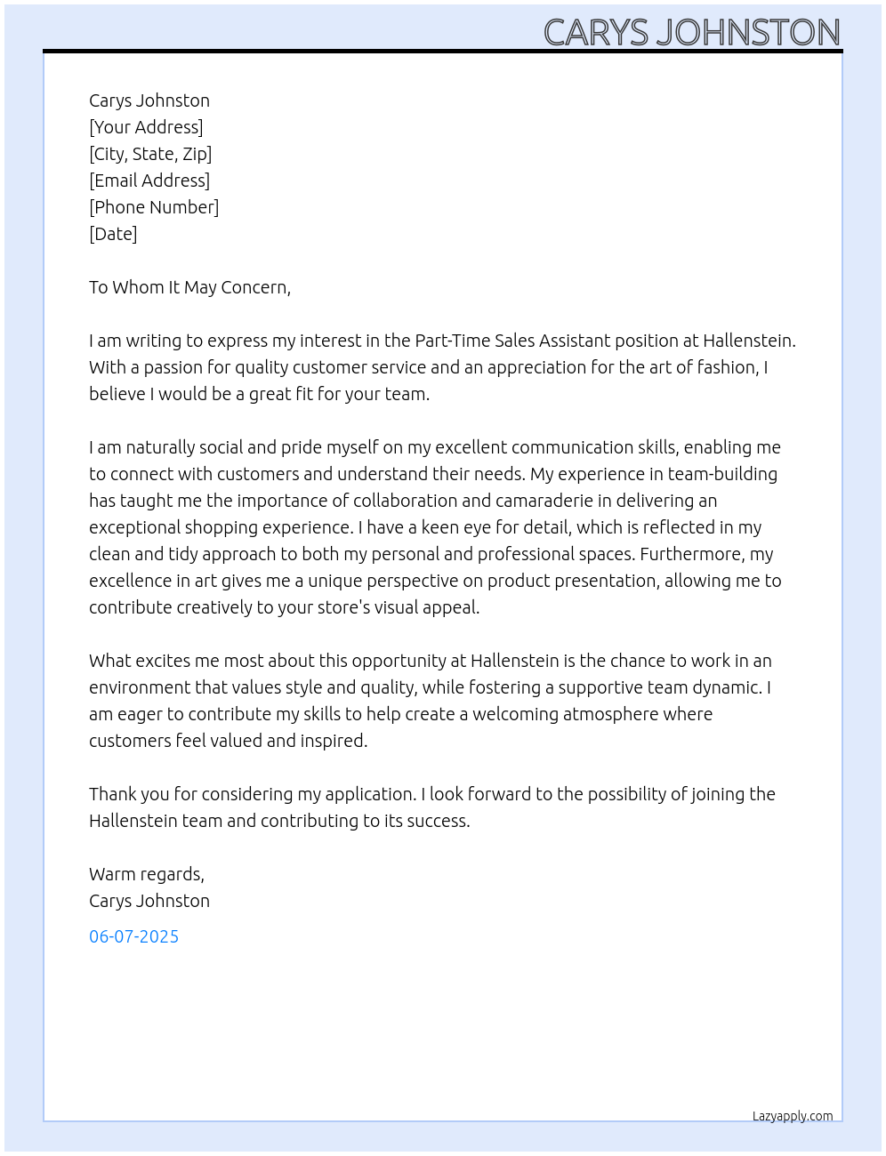 Cover letter for part time sales assistant - LazyApply