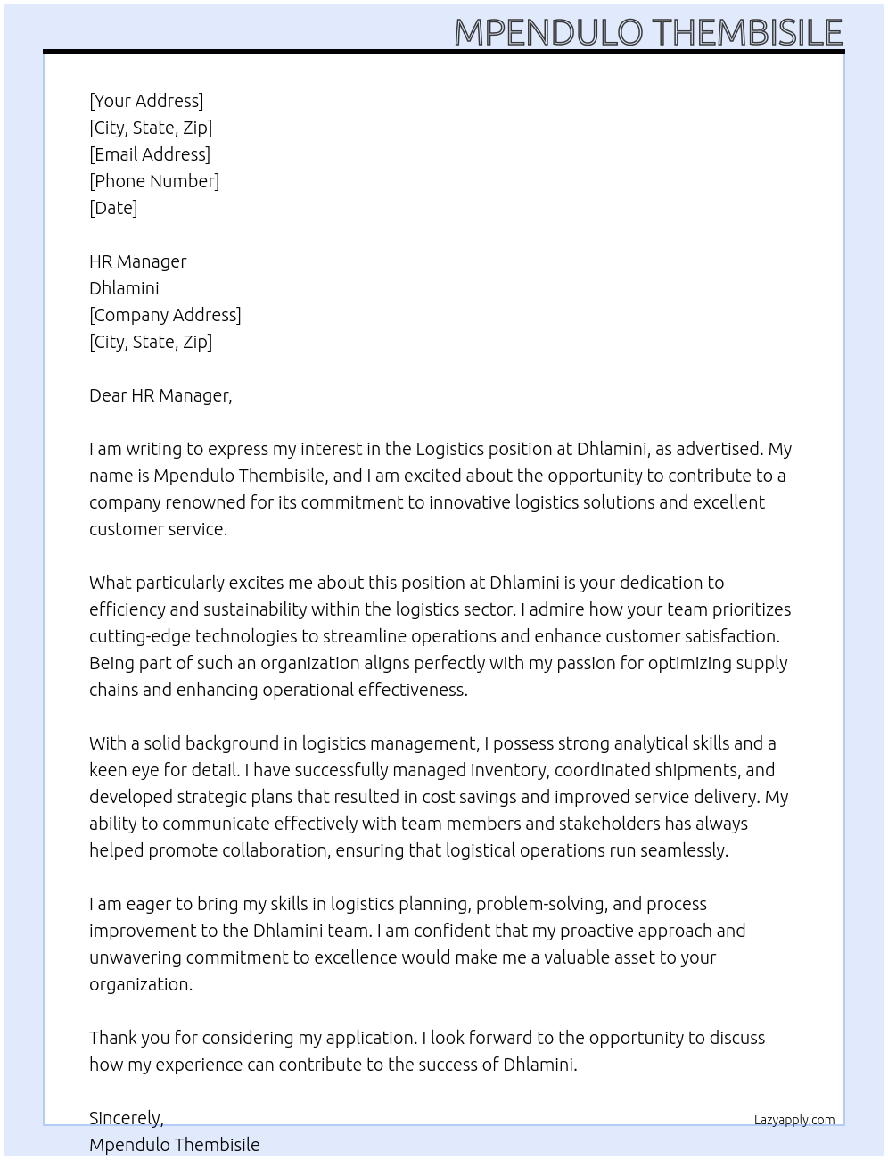 Cover letter for logistics - LazyApply