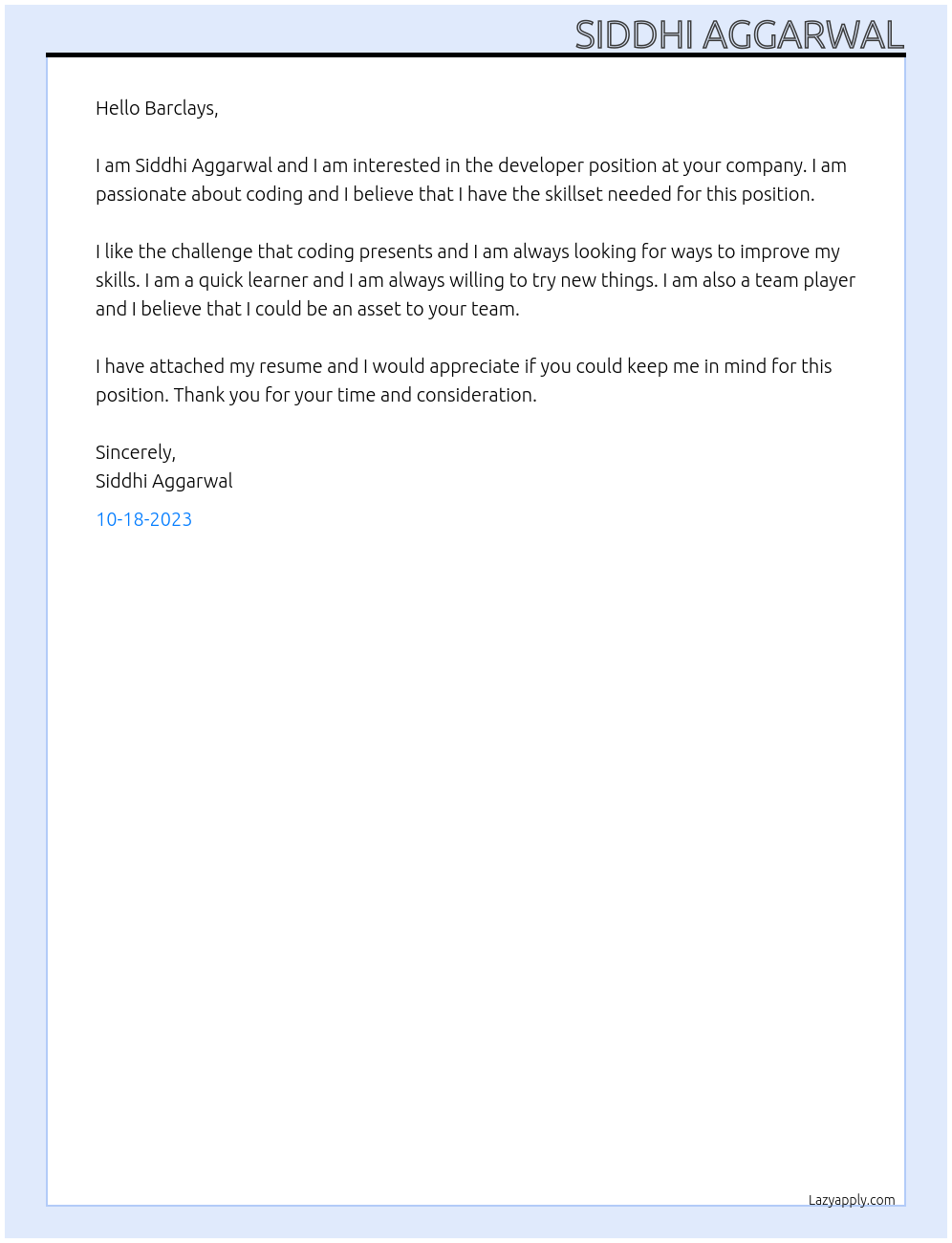 Developer At Barclays Cover Letter