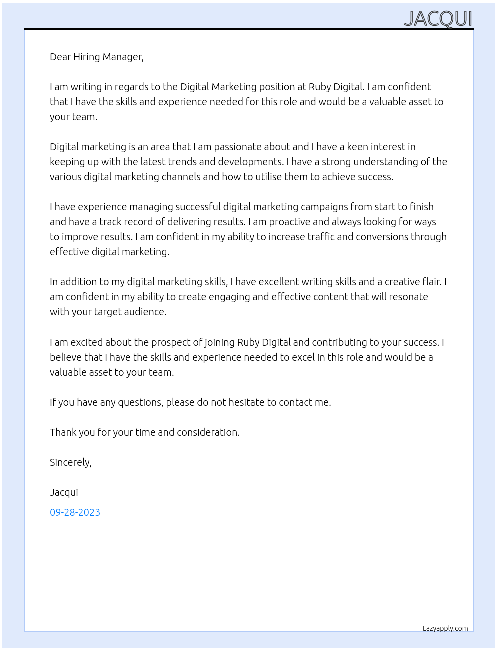 DIGITAL MARKETING At Ruby Digital Cover Letter