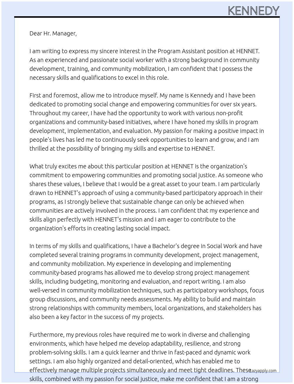 Program assistant At HENNET Cover Letter