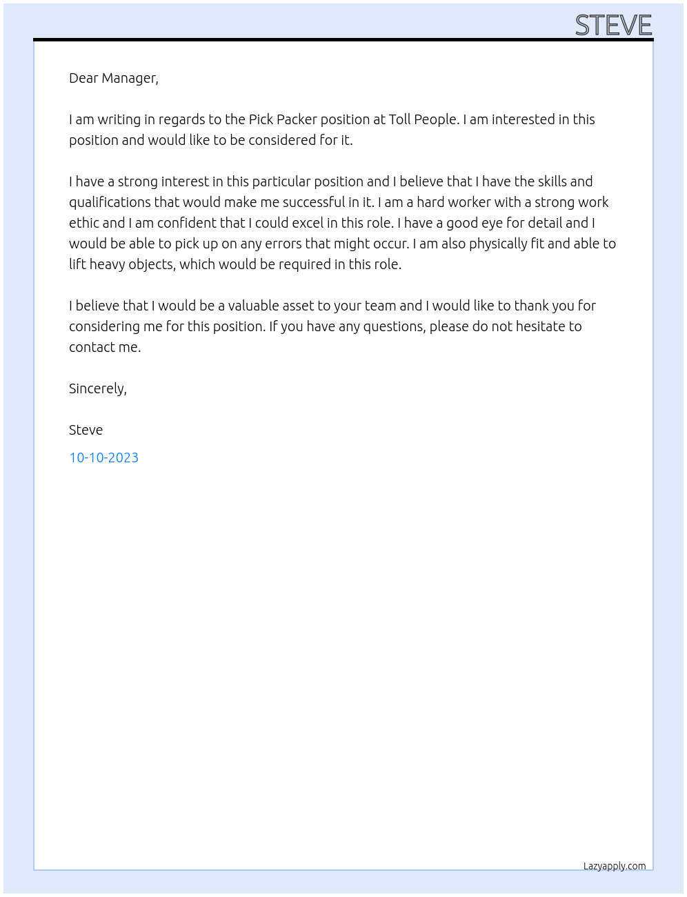 Pick Packer At Toll People Cover Letter