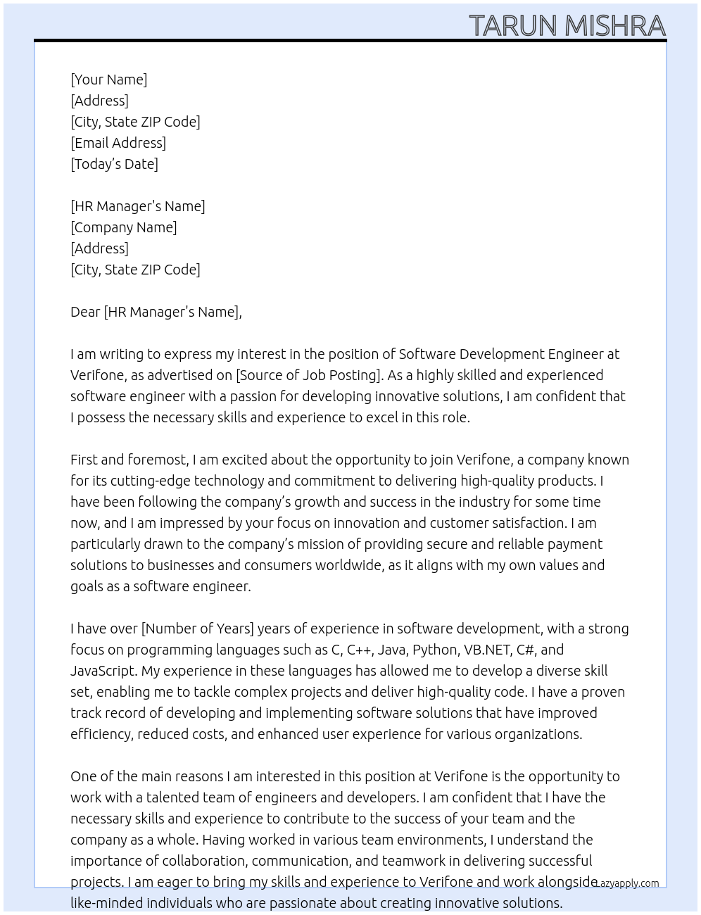 Software Development Engineer At Verifone Cover Letter