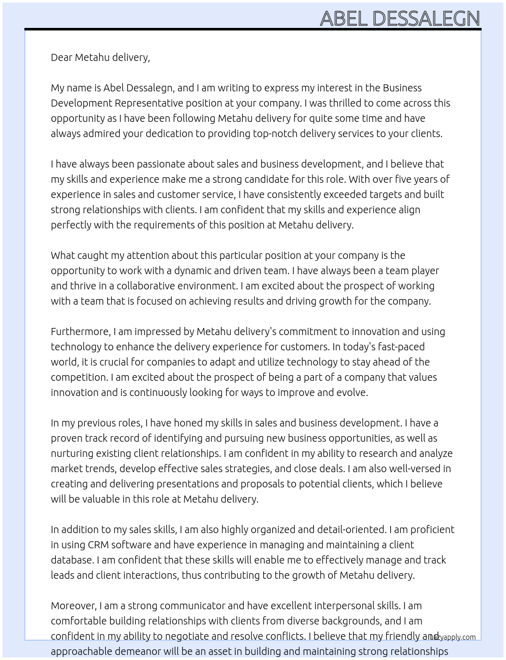 Business development representative At Metahu delivery Cover Letter