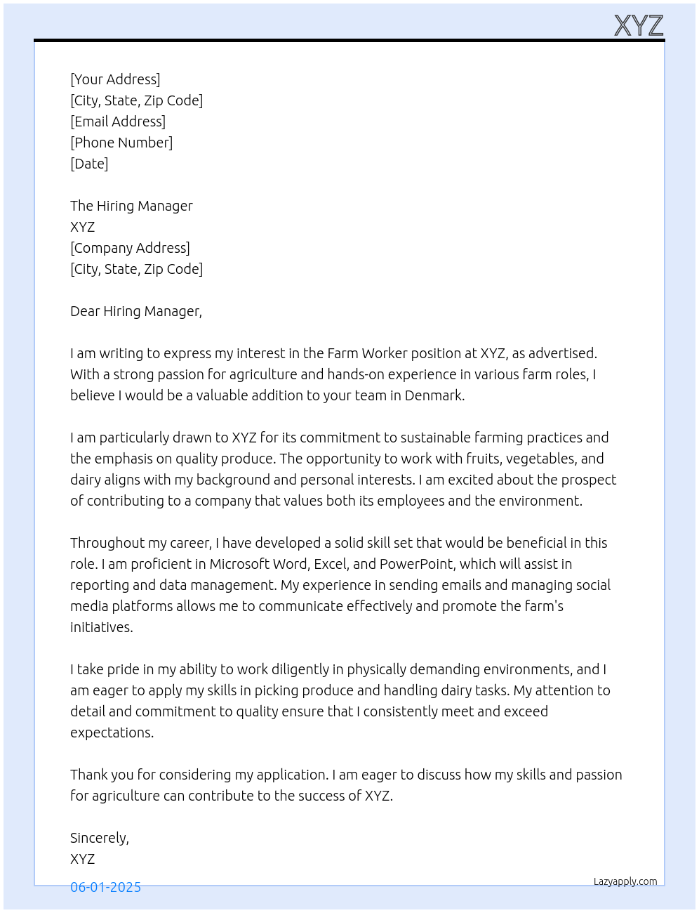 Farm Worker At XYZ Cover Letter