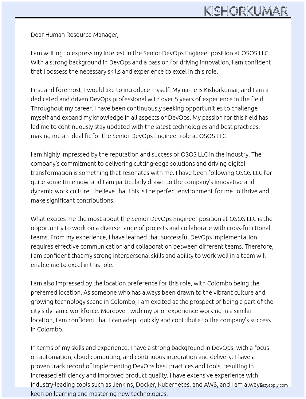 senior devops engineer At OSOS LLC Cover Letter