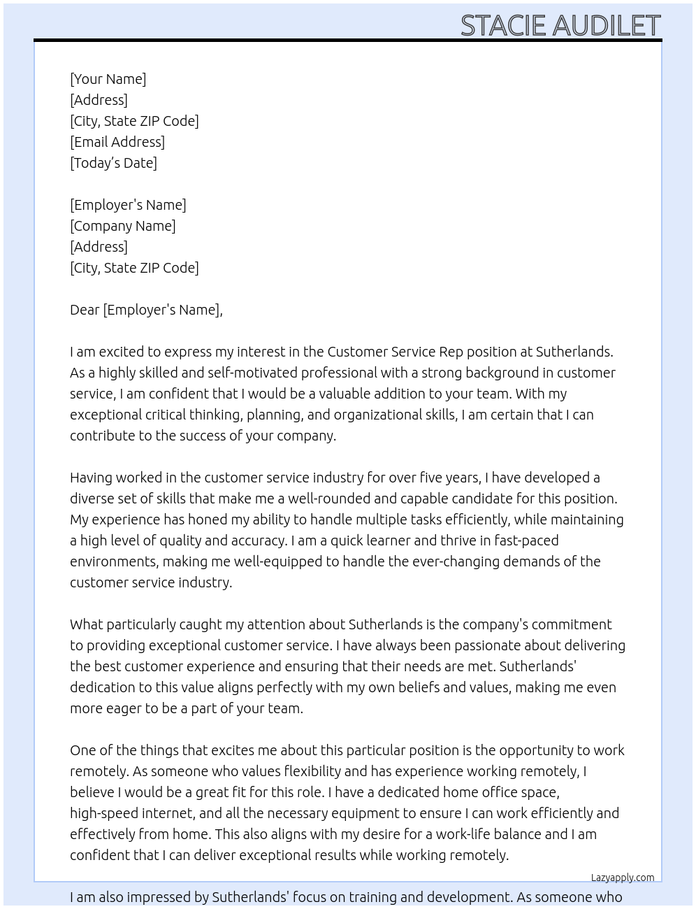 Customer Service Rep At Sutherlands Cover Letter
