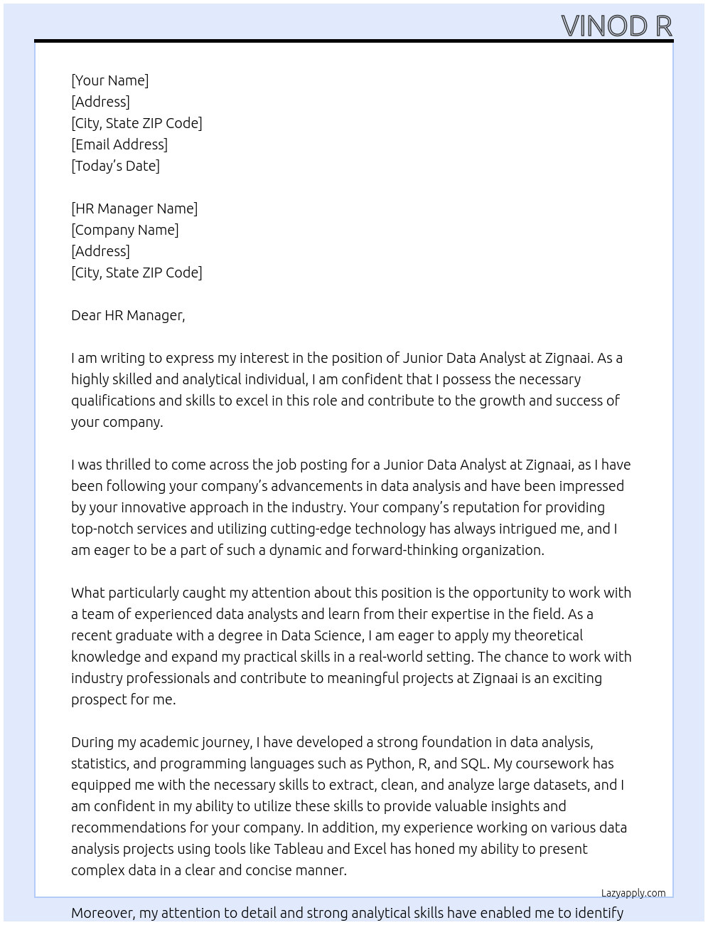 Junior Data Analyst At Zignaai Cover Letter