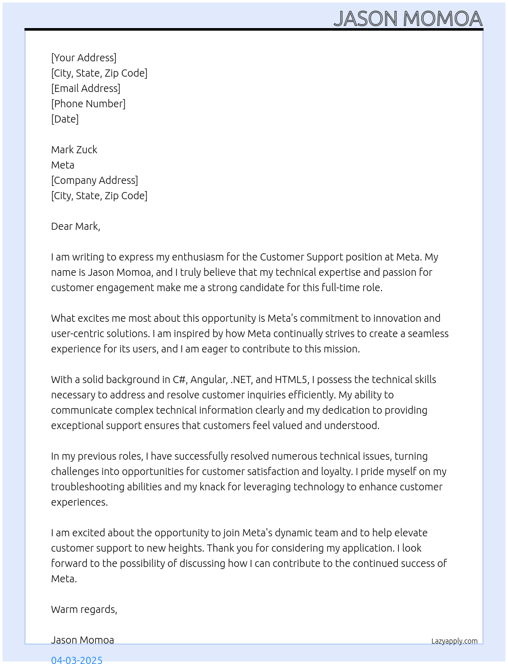 Customer Support At Meta Cover Letter