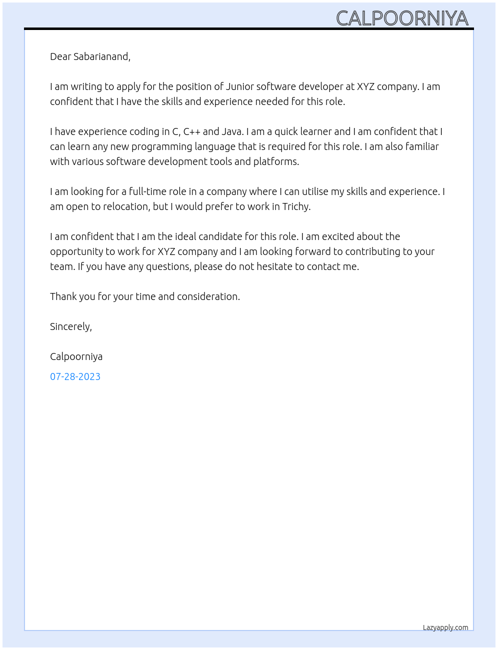 Junior software developer At Xyz company Cover Letter