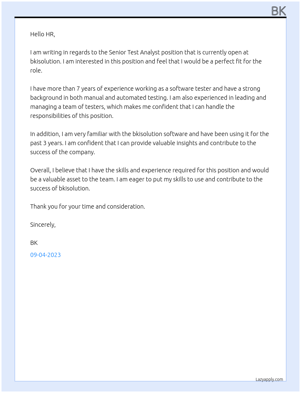 senior test analyst At bkisolution Cover Letter