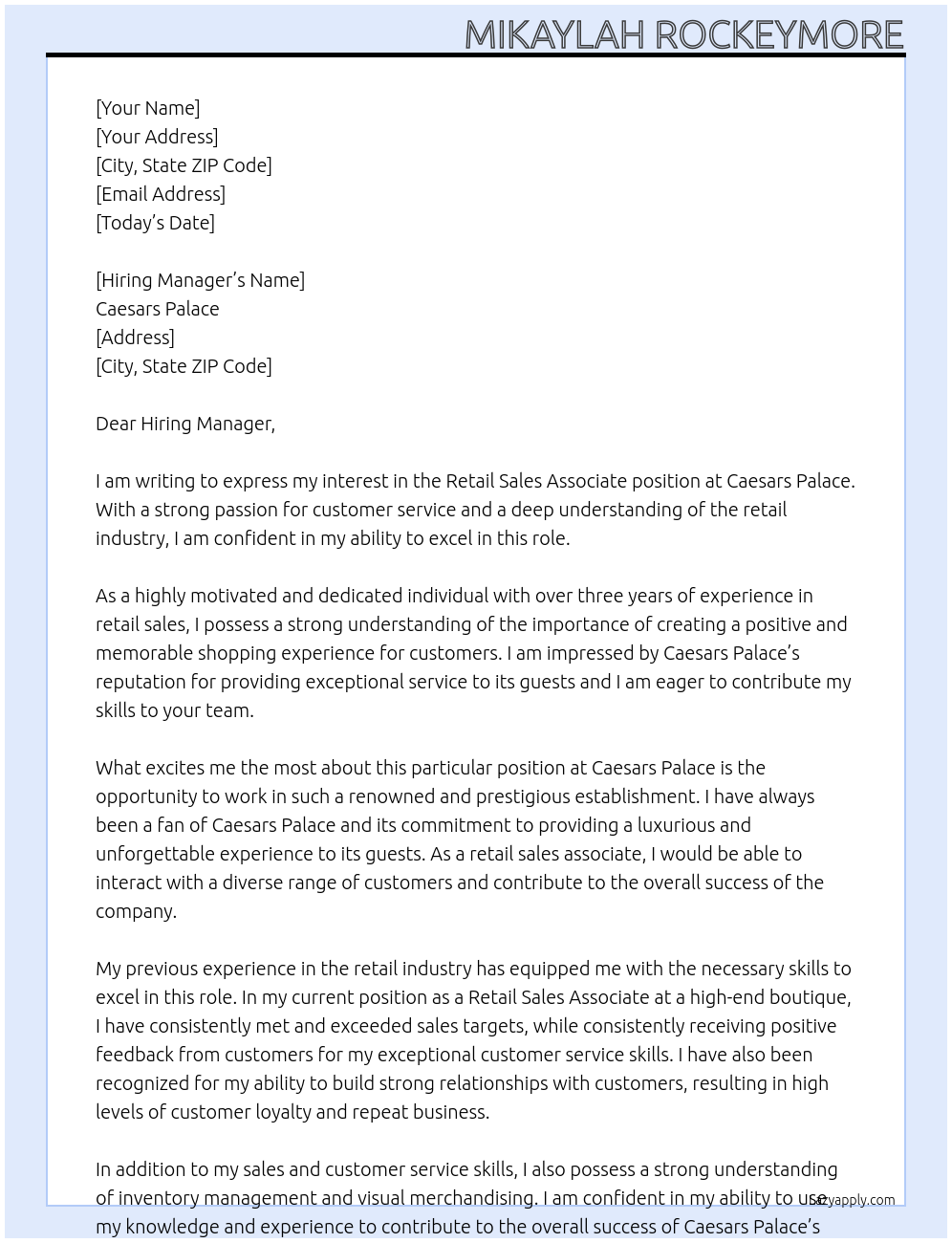Retail Sales Associate At Caesars Palace Cover Letter