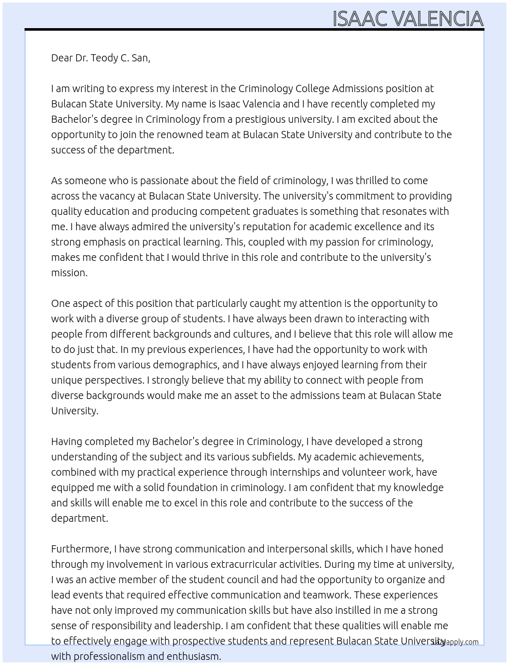 Cover letter for criminology college admition - LazyApply