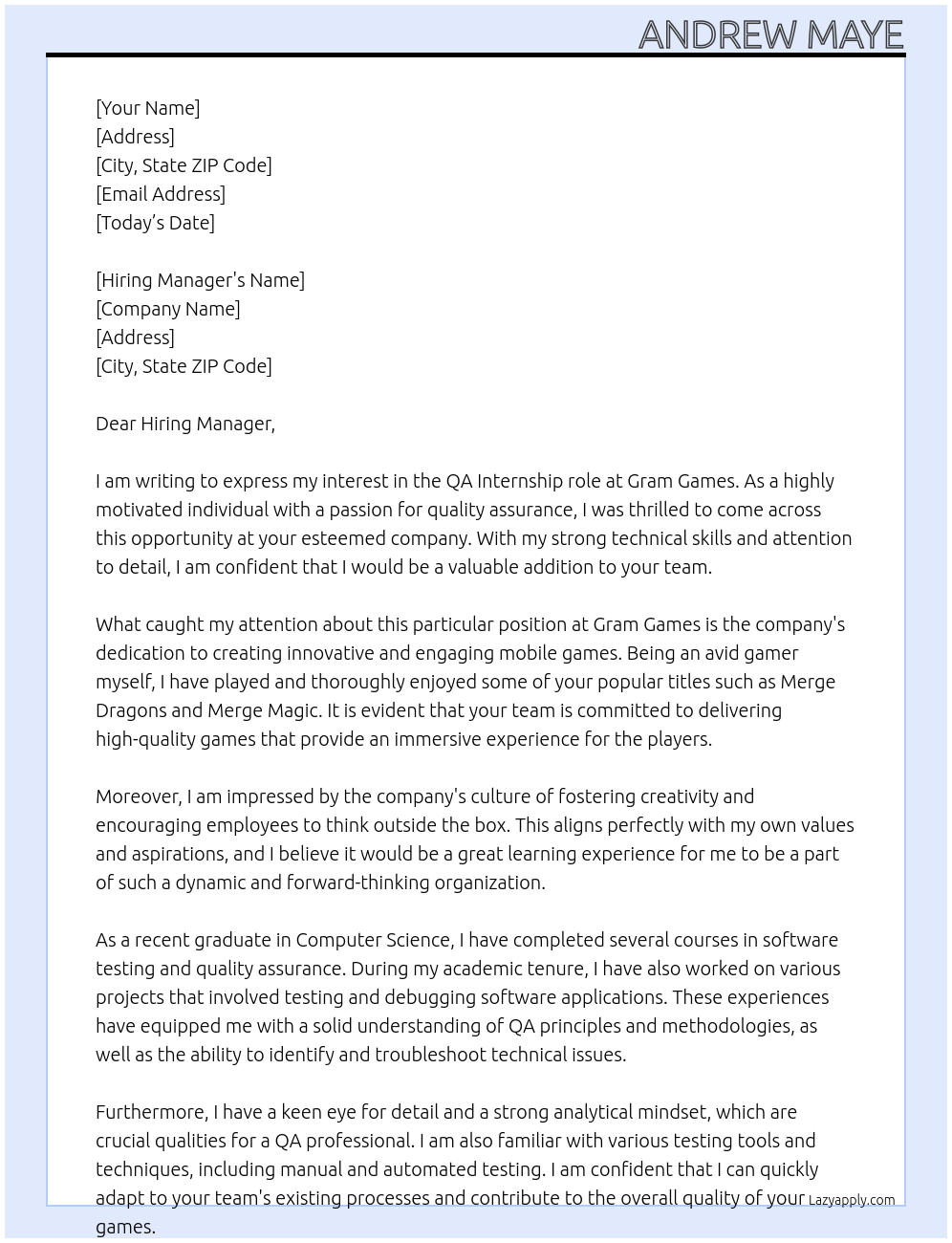 QA Internship At Gram Games Cover Letter