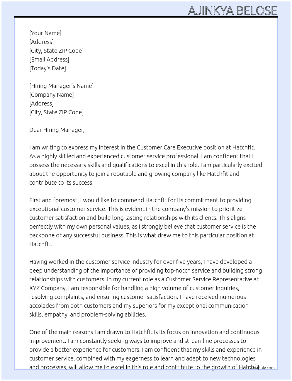 Customer care executive At Hatchfit Cover Letter