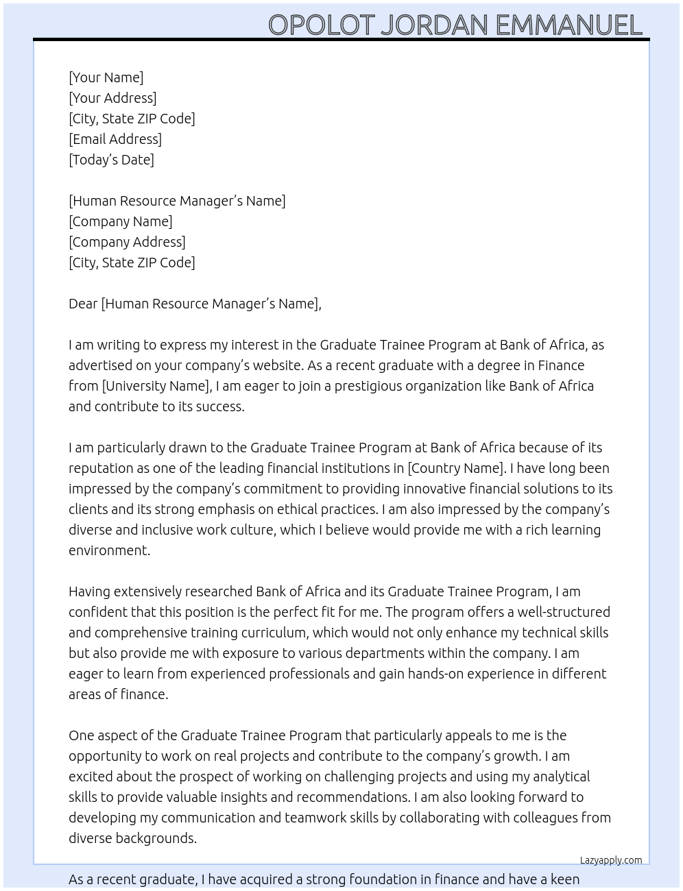 Graduate trainee program At Bank of Africa Cover Letter