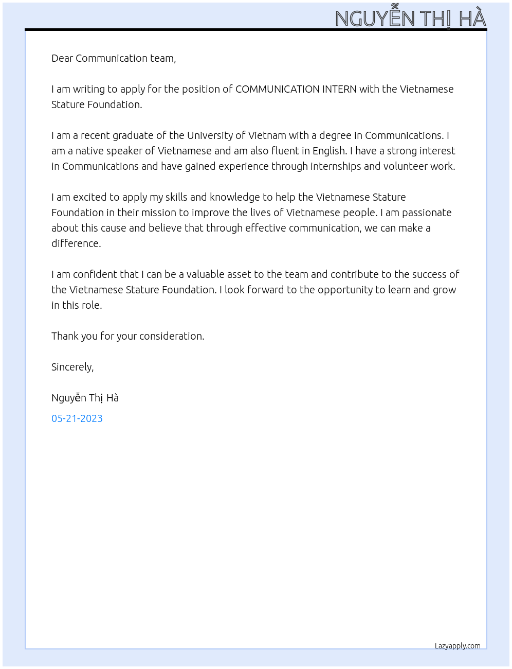 COMMUNICATION INTERN At Vietnamese Stature Foundation Cover Letter