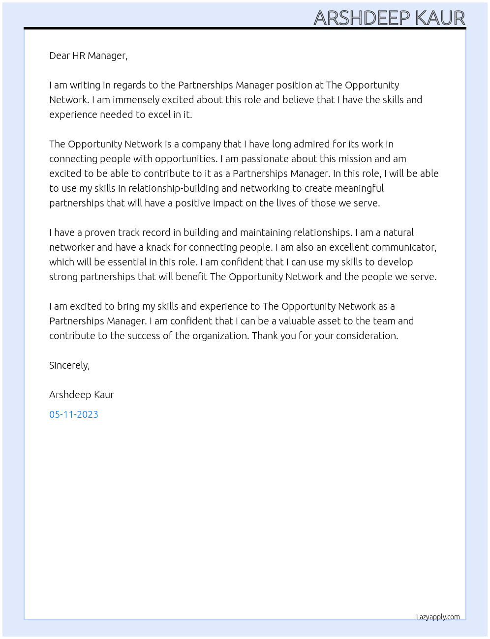 Partnerships Manager At The Opportunity Network Cover Letter