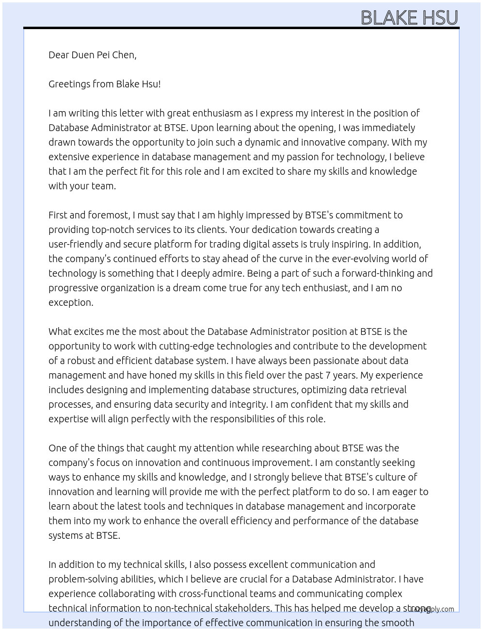 Database Administrator At BTSE Cover Letter