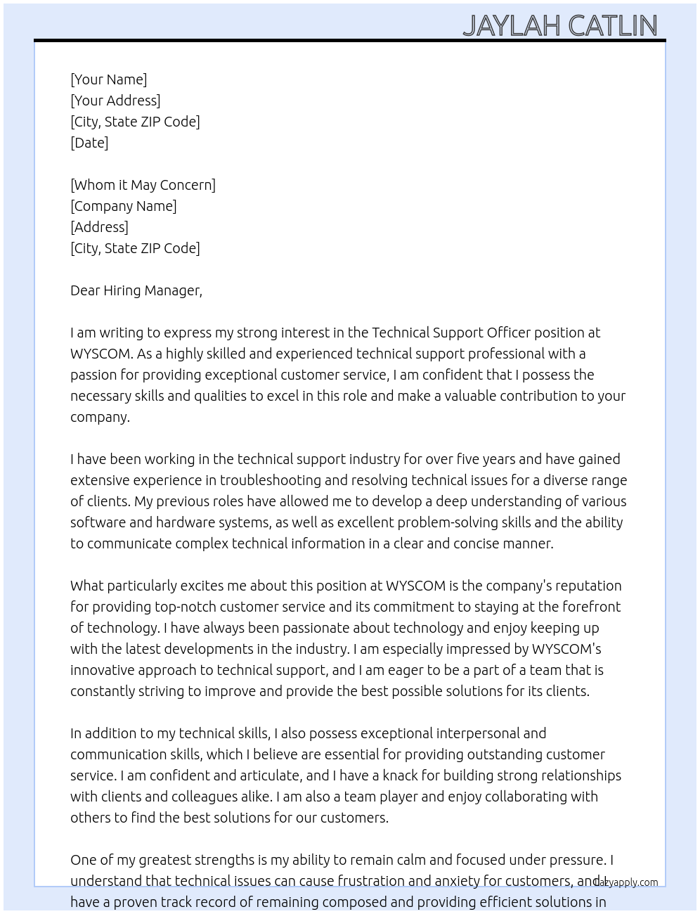 Technical Support Officer At WYSCOM Cover Letter