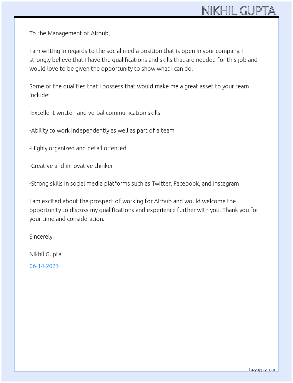 Social media  At Airbub company  Cover Letter