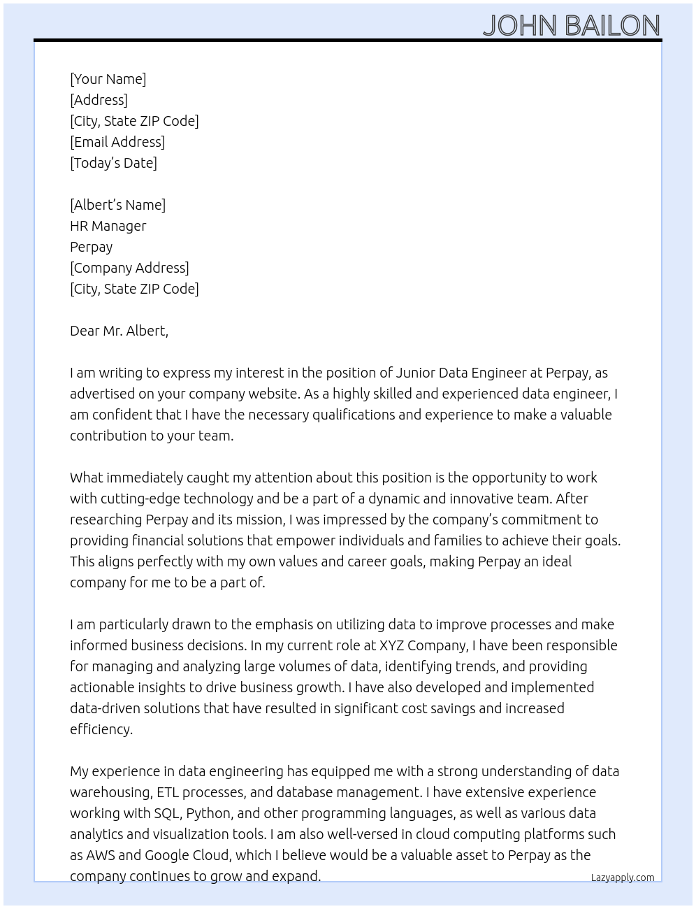 Junior Data Engineer At Perpay Cover Letter