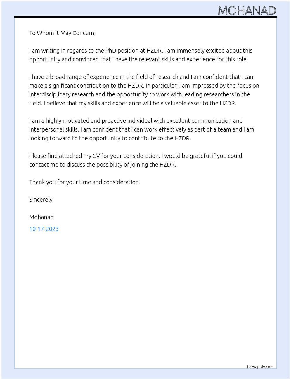 PhD At HZDR Cover Letter