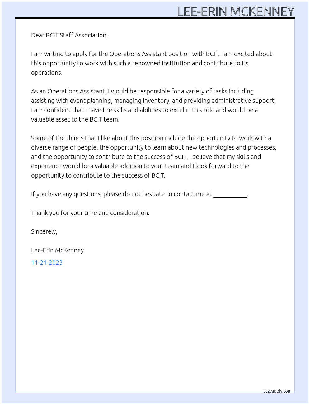 Operations Assistant At BCIT Cover Letter