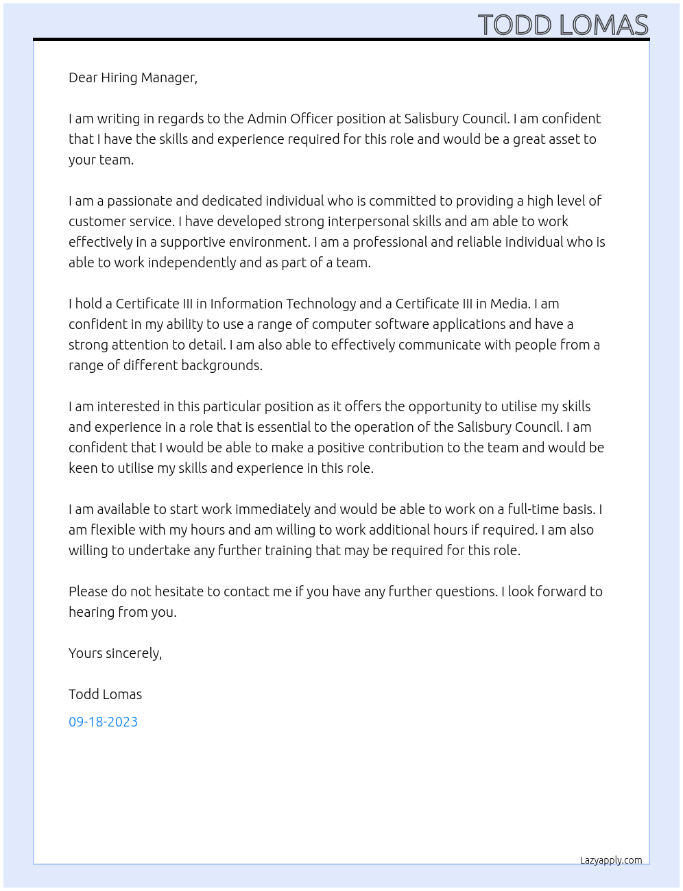 Admin officer At Salisbury council Cover Letter