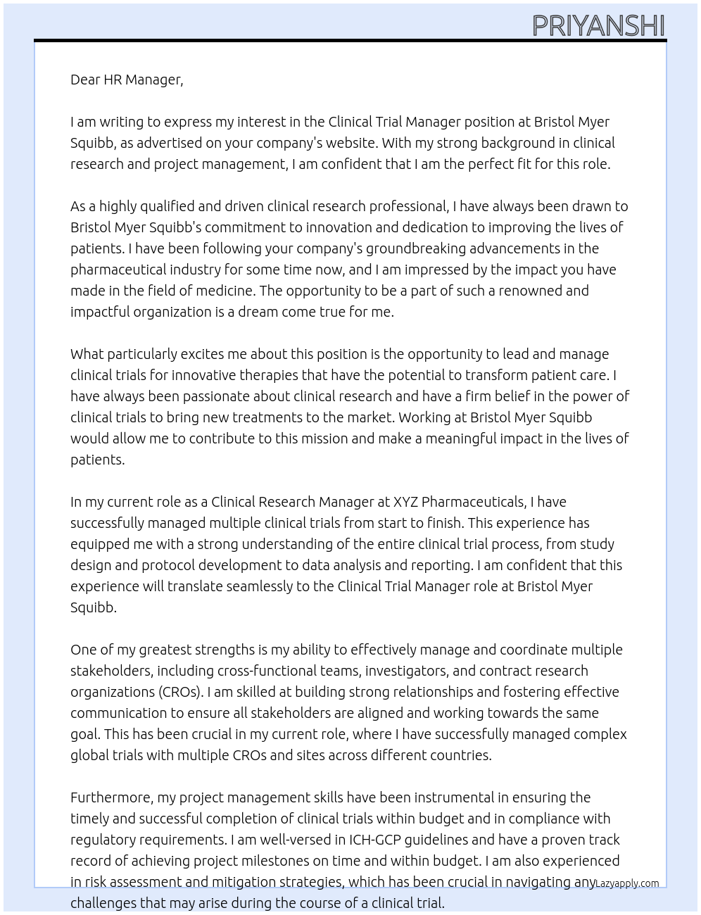 Clinical trial manager At Bristol Myer Squibb Cover Letter