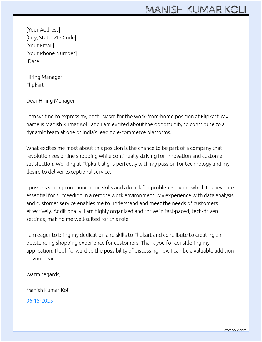 Flipkart work from home job At Flipkart Cover Letter
