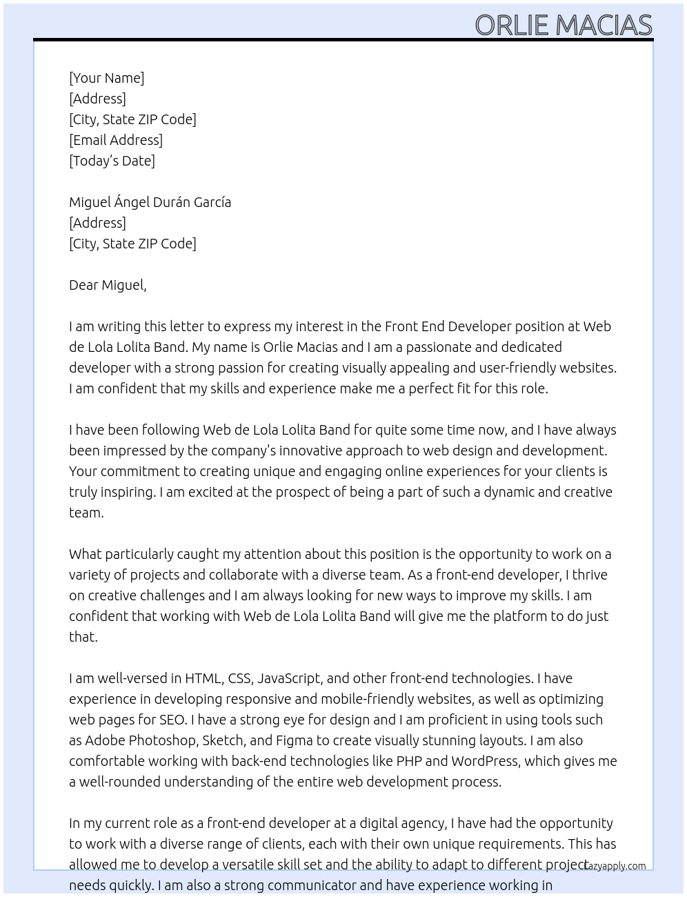 Front end developer At Web de Lola Lolita Band Cover Letter