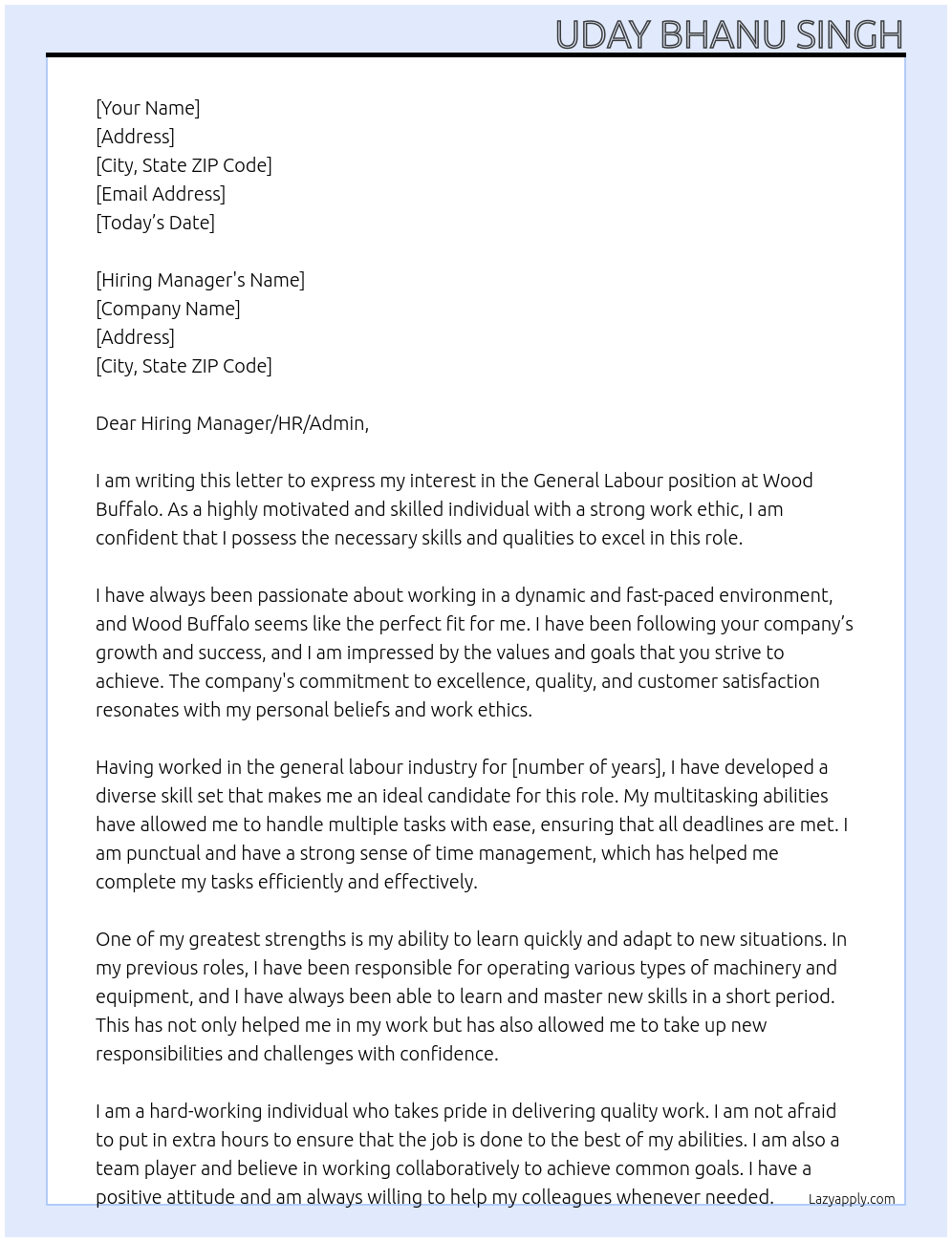 General Labour At Wood Buffalo Cover Letter