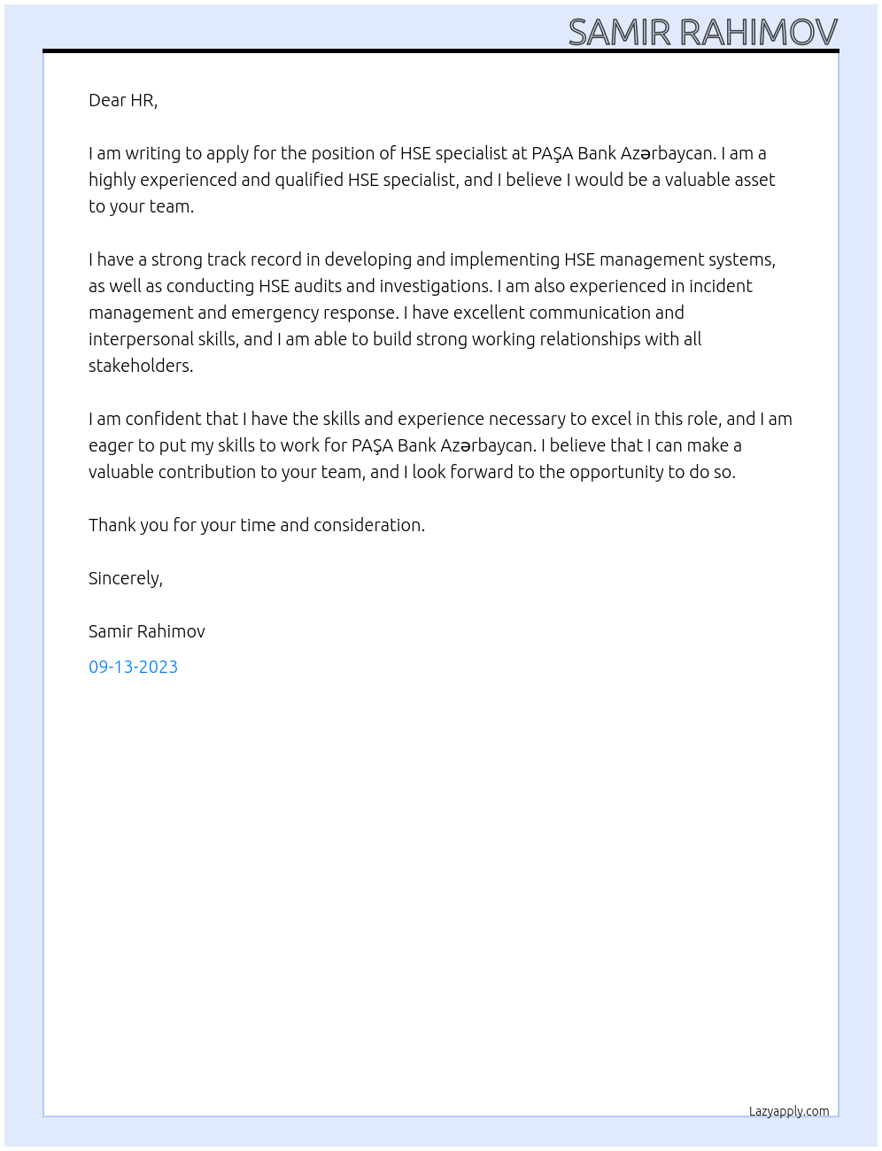 HSE specialist At PAŞA Bank Azərbaycan Cover Letter