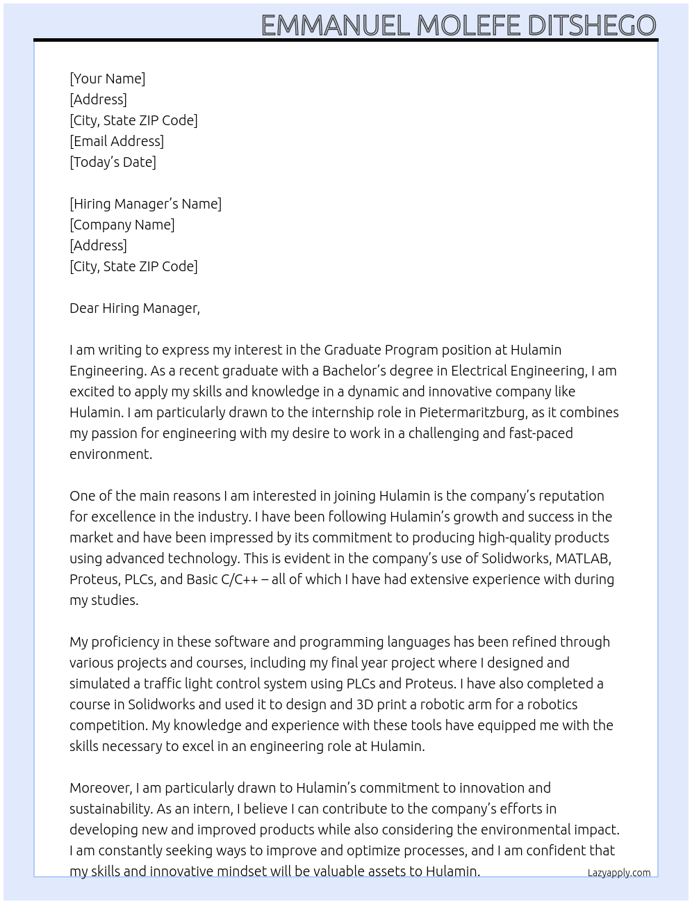 Graduate program  At HULAMIN ENGINEERING Cover Letter