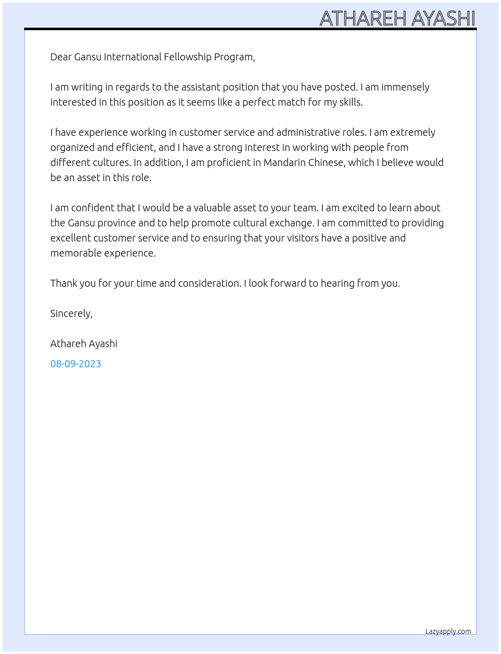 Assistant At Gansu International Fellowship Program Cover Letter