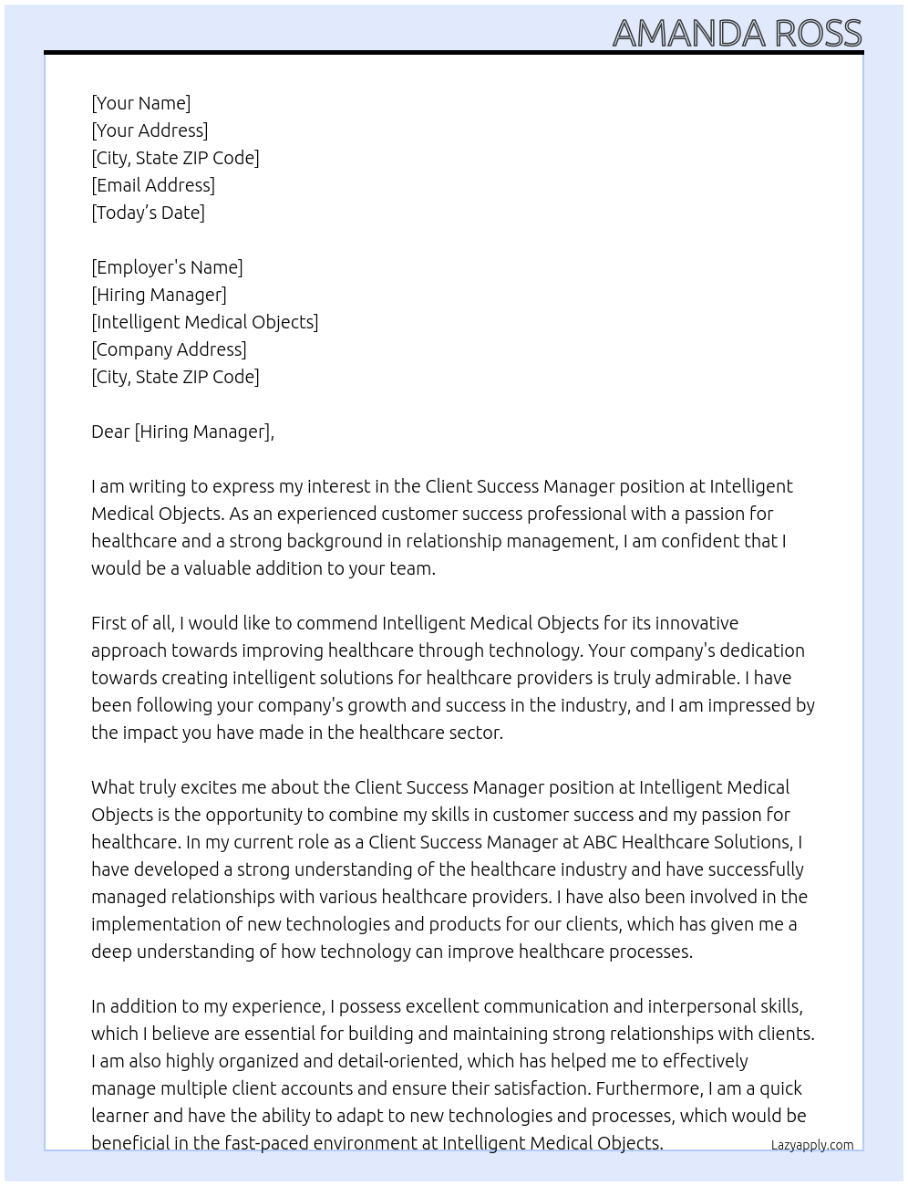 Client Success Manager At Intelligent Medical Objects Cover Letter