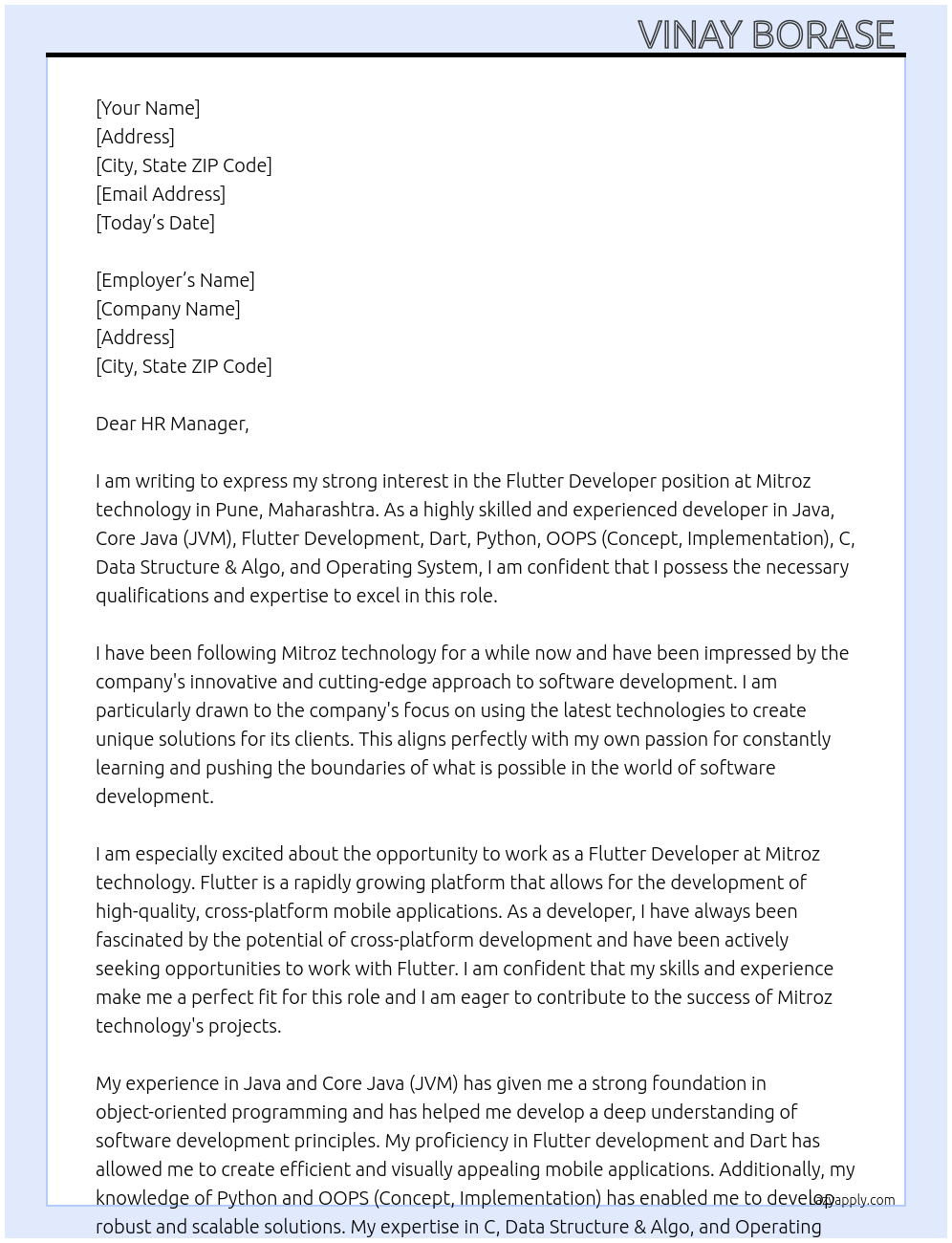 Flutter developer At Mitroz technology Cover Letter
