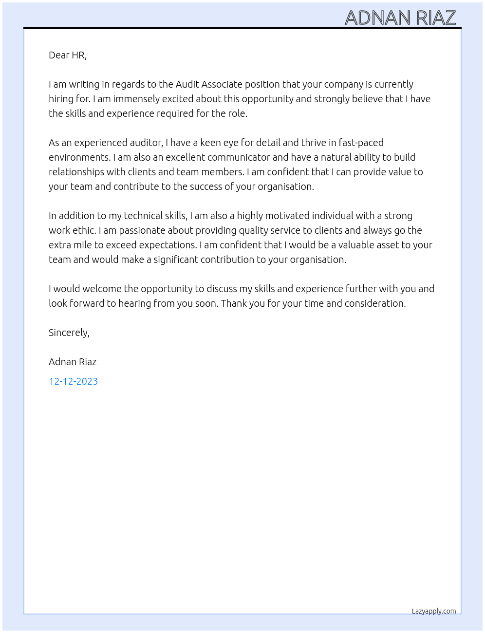 Audit Associate At Audit firm Cover Letter