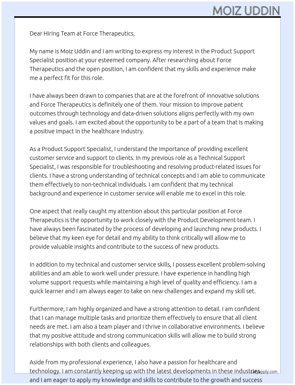 Product support specialist At Force Therapeutics Cover Letter