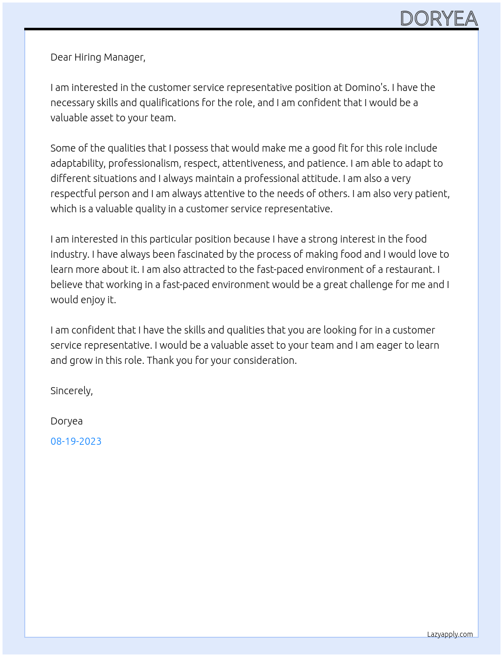 Customer Service Rep At Domino's Cover Letter